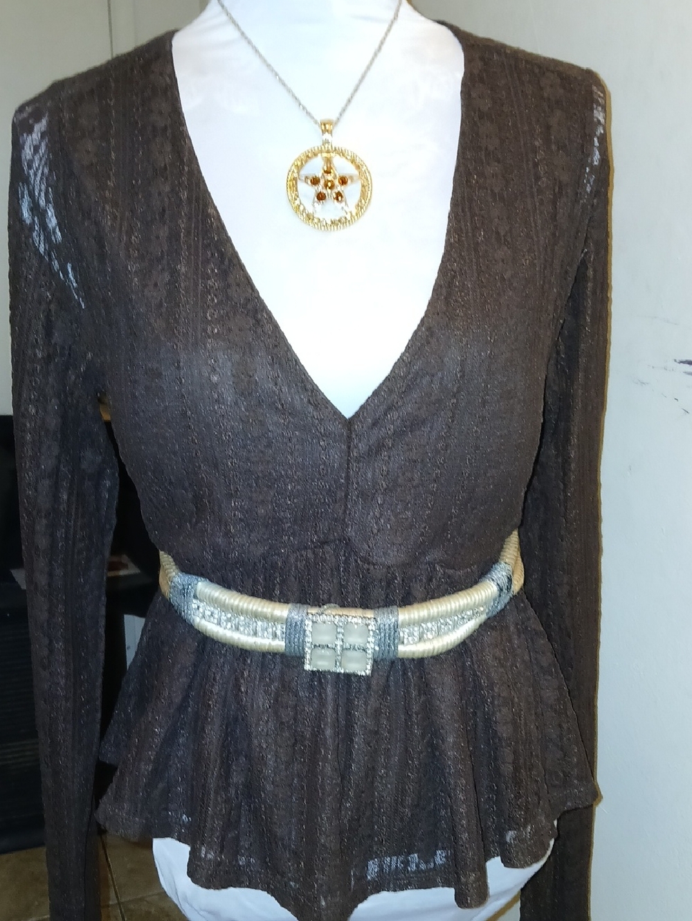 Brown V-Neck Long Sleeve Babydoll Top - Elegant Everyday